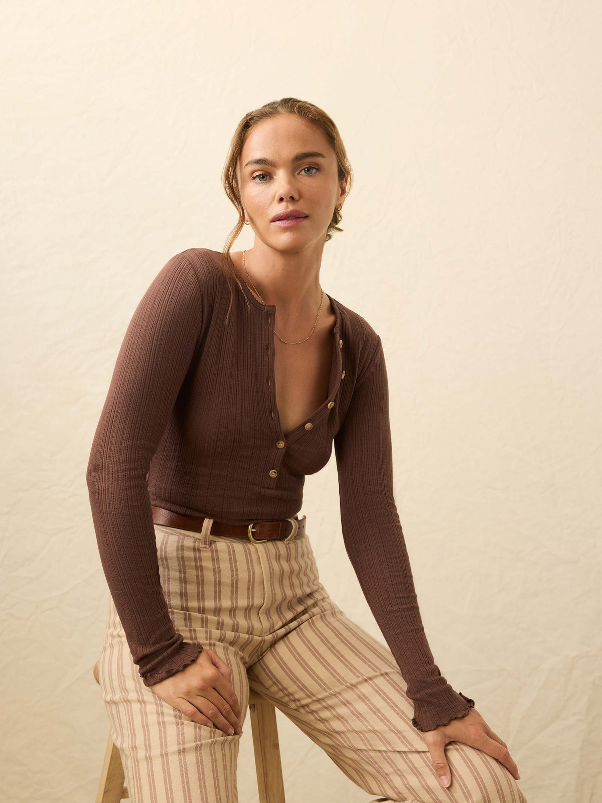 Paradise Pointelle Henley - Chocolate Brown