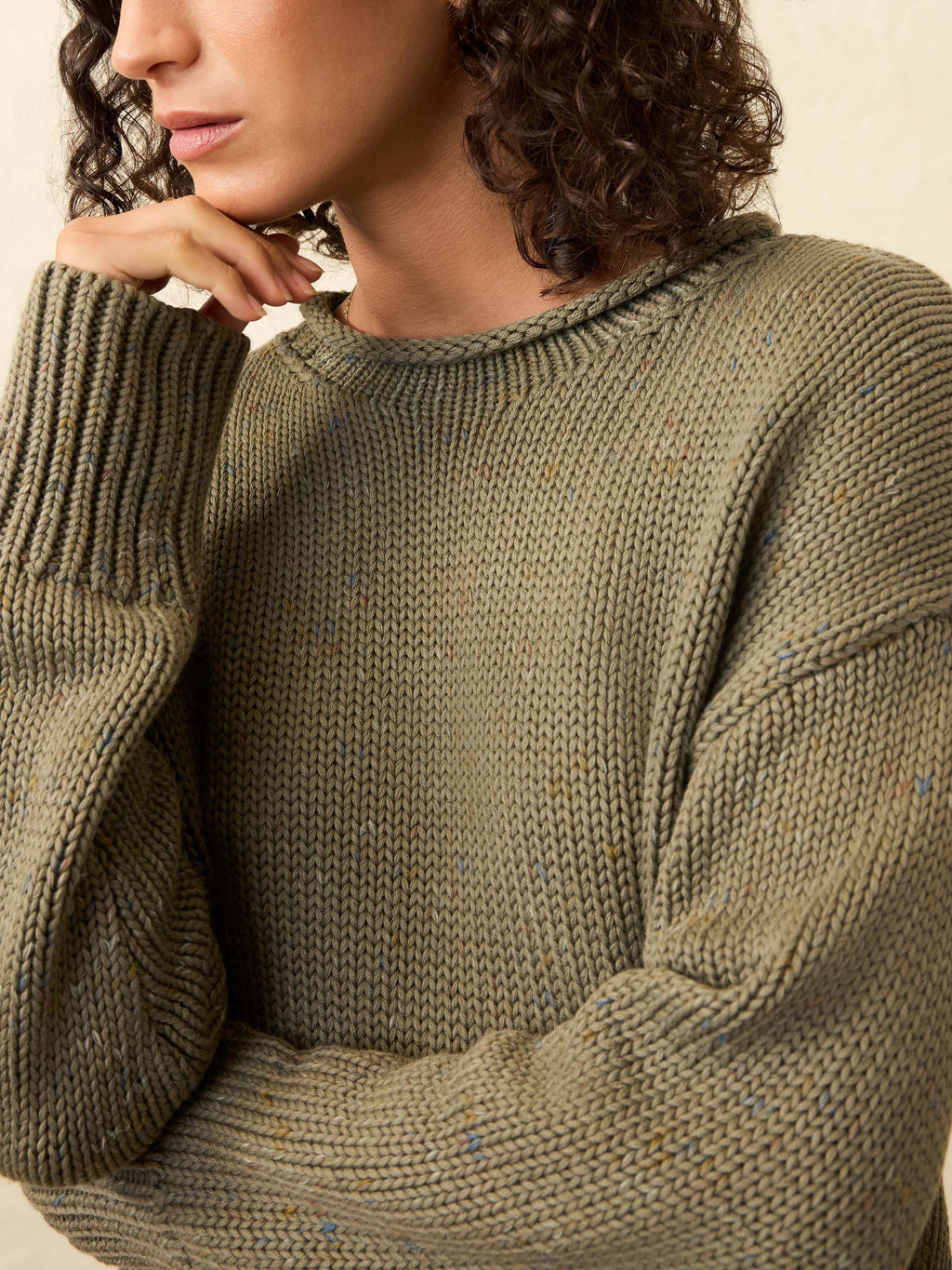 Sunwashed Cotton Roll Neck Sweater - Sage