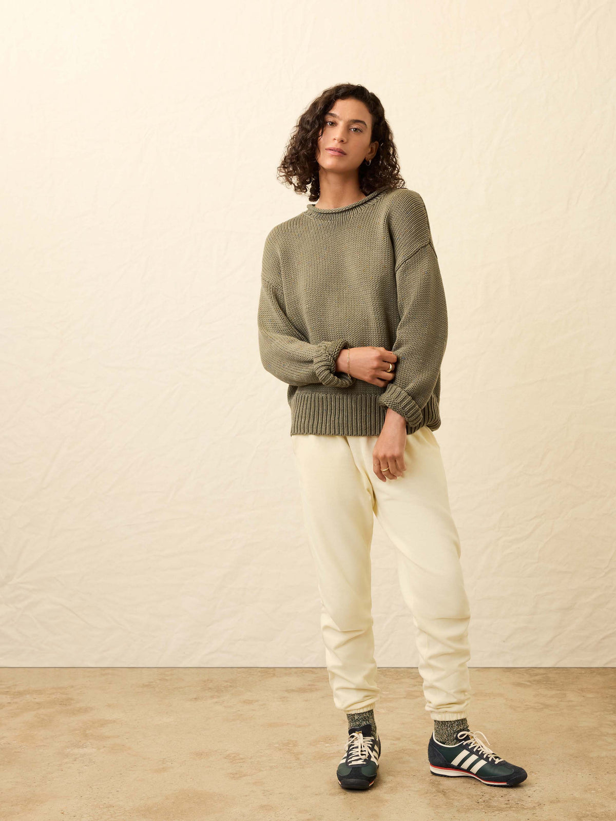 Sunwashed Cotton Roll Neck Sweater - Sage