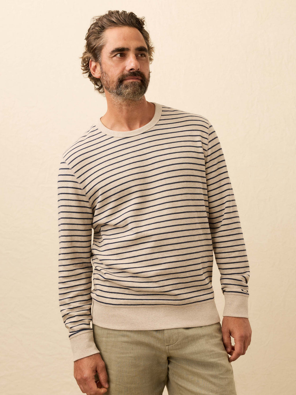 Double Knit Crewneck - Oat Navy Stripe