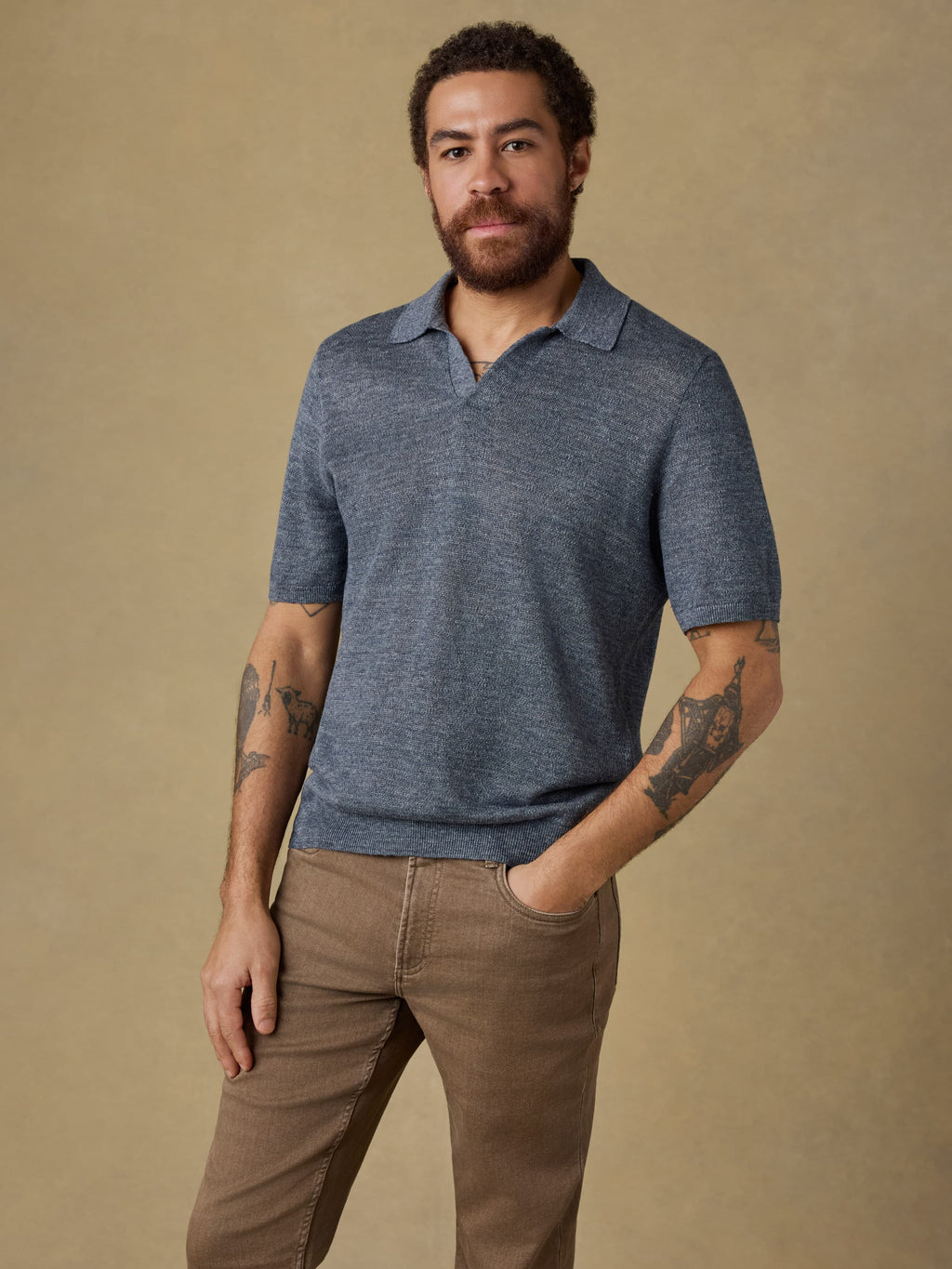 Short-Sleeve Linen Sweater Polo - Caribbean Navy Melange